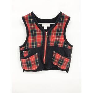 Vintage Jones New York Womens Red Plaid Cropped Vest Zip Up with Pockets Size L